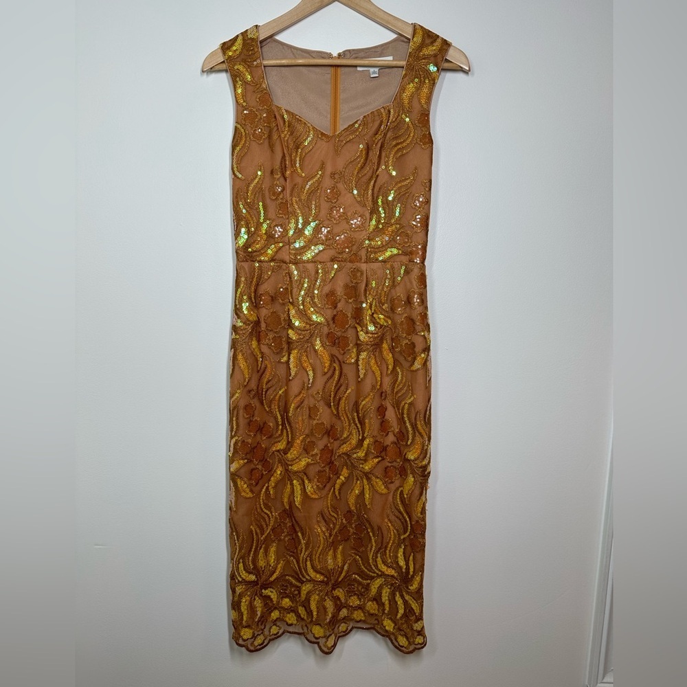 Dress the Population Orange Gold Knee‎ Length Sequin Dress Small